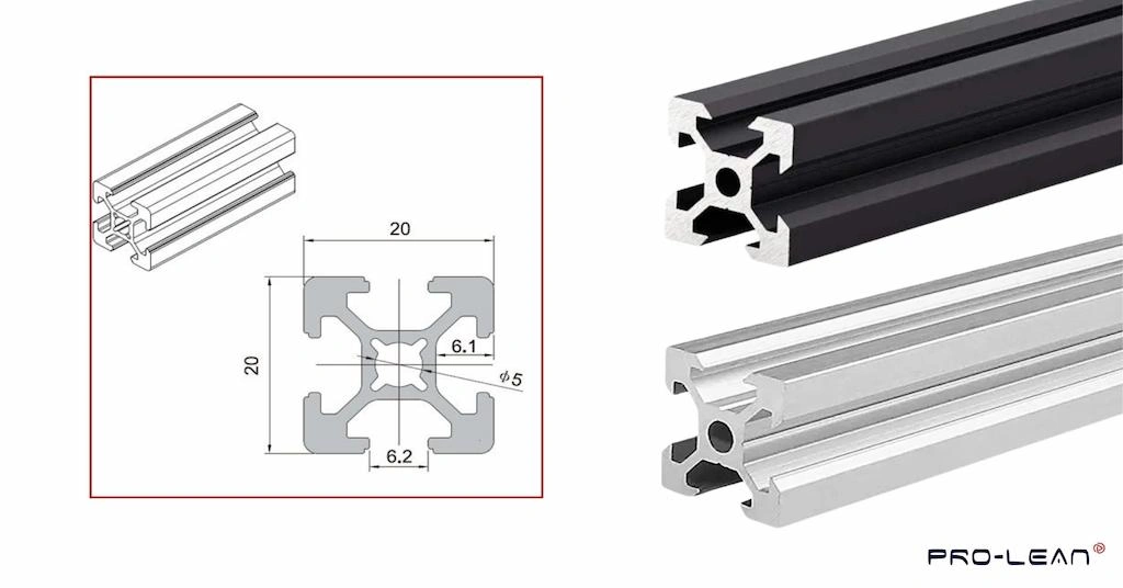 2D drawing of 2020 aluminum extrusion and corresponding extruded profiles on the right 