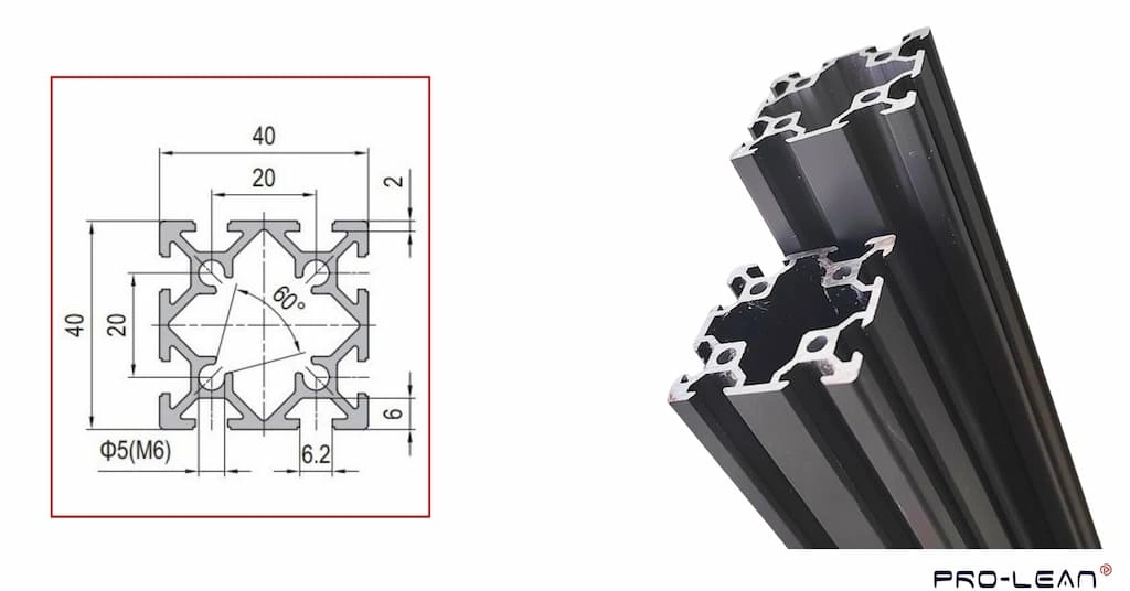 A demo drawing of a 4040 aluminum extrusion on the left and corresponding extruded profiles on the right 