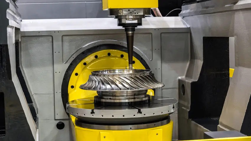 Image of 5-axis CNC machine with tilting rotary table machining a turbine impeller with curved blades  