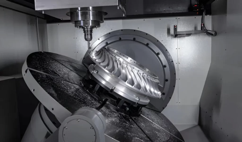 5-axis CNC machine operating on an aerospace part.