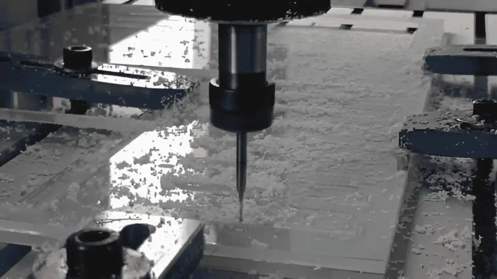 A milling machine cutting an acrylic sheet.