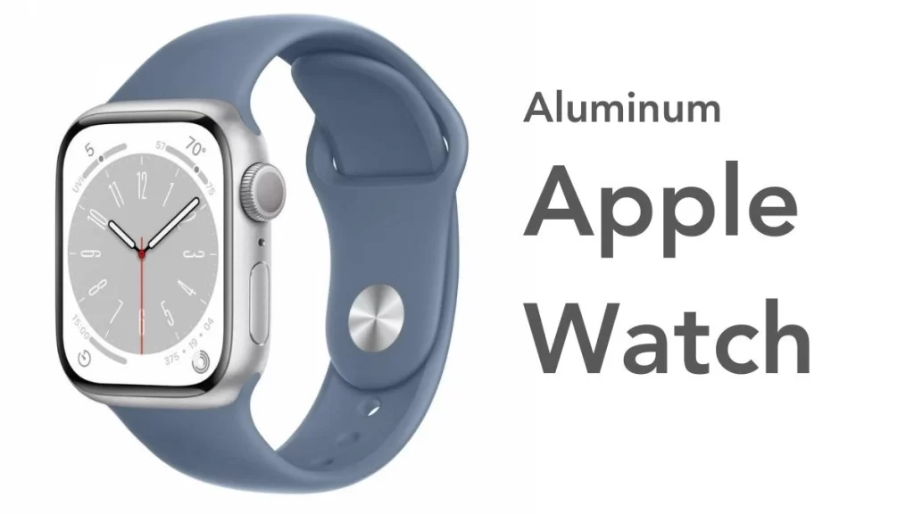 An aluminum Apple Watch featuring a simple design with a blue strap and a sleek, minimalist watch face. 