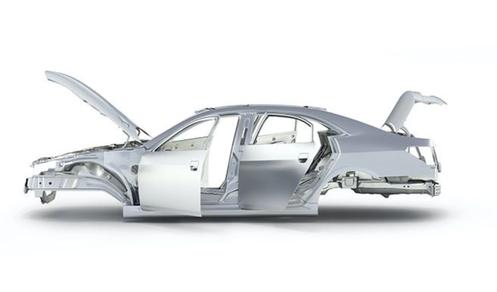 Aluminum car body shell with open doors and hood on a white background