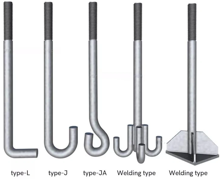 Anchor bolts in L, J, JA shapes, and a welded type displayed on a white background