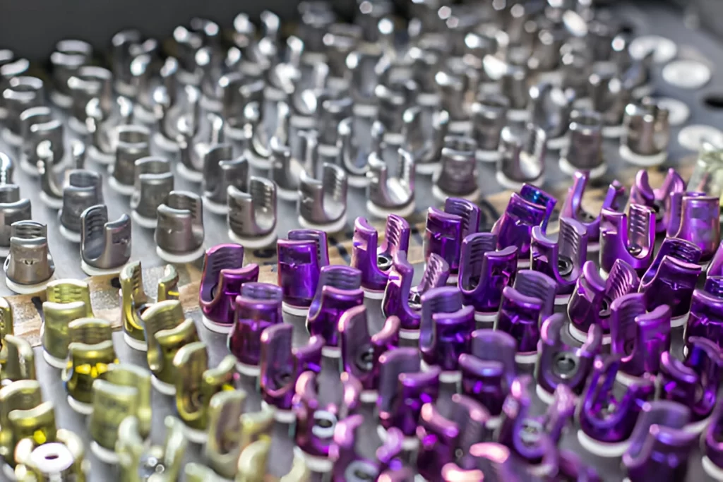 Anodized pedestal screws are arranged neatly.