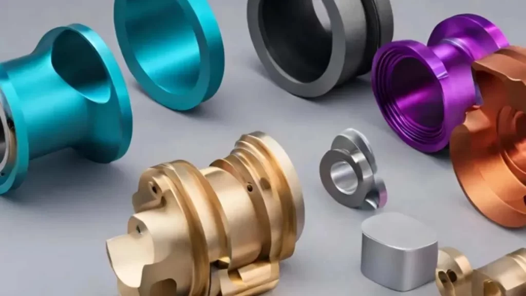 An image showing anodized automotive parts laid out in a simple, clear arrangement. The parts have a clean metallic looks.