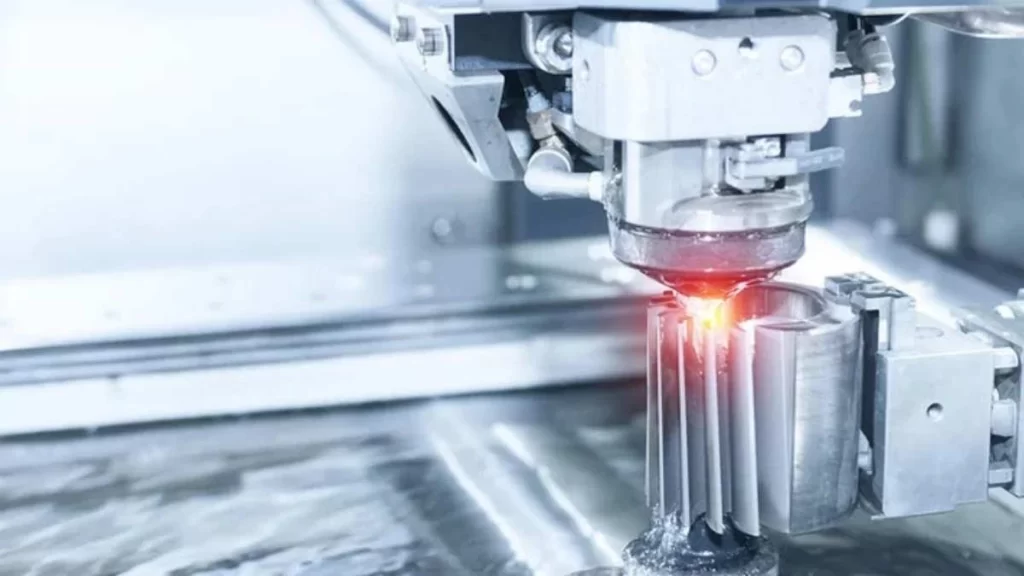 An image showing the EDM process of cutting an automotive part into a sharp, blade-like shape