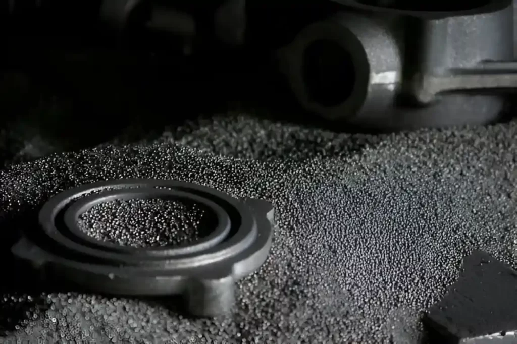 A metal part with a smooth, matte surface showing a bead blast finish. 