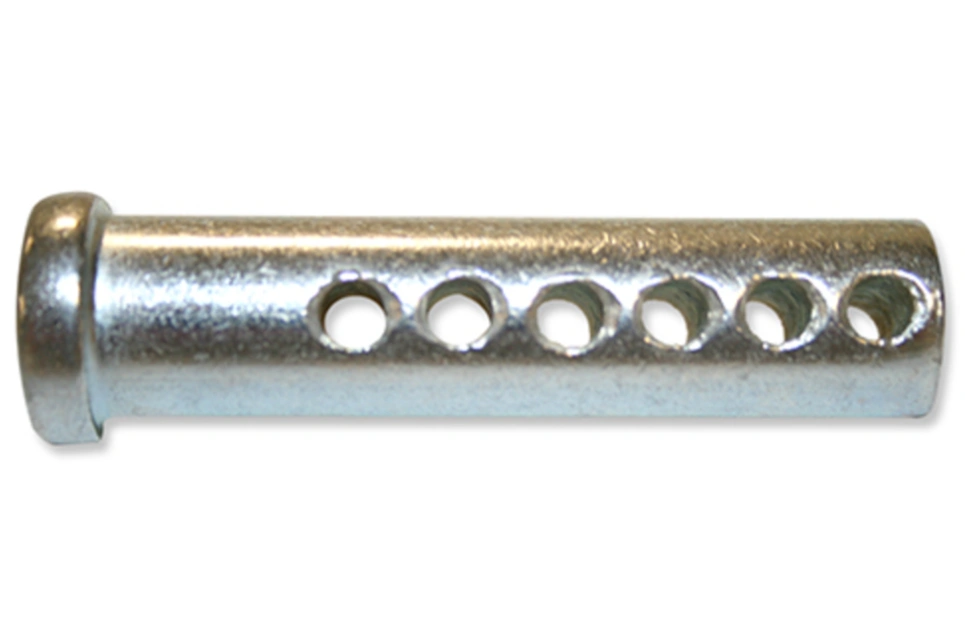 An image of a clevis pin showing a smooth head and six cross-holes on the shaft 