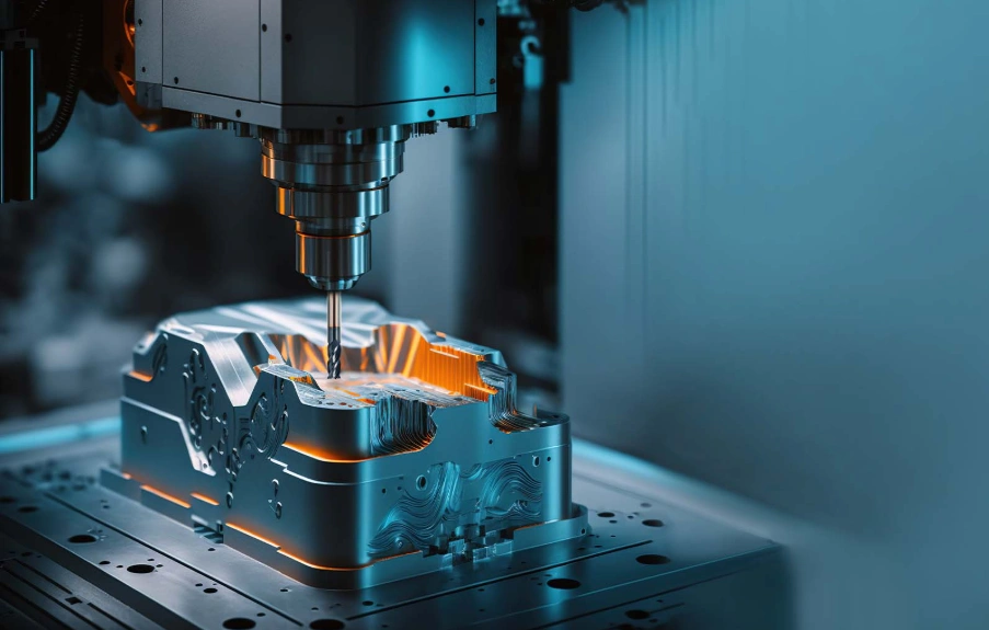 CNC machine milling a detailed metal prototype mold