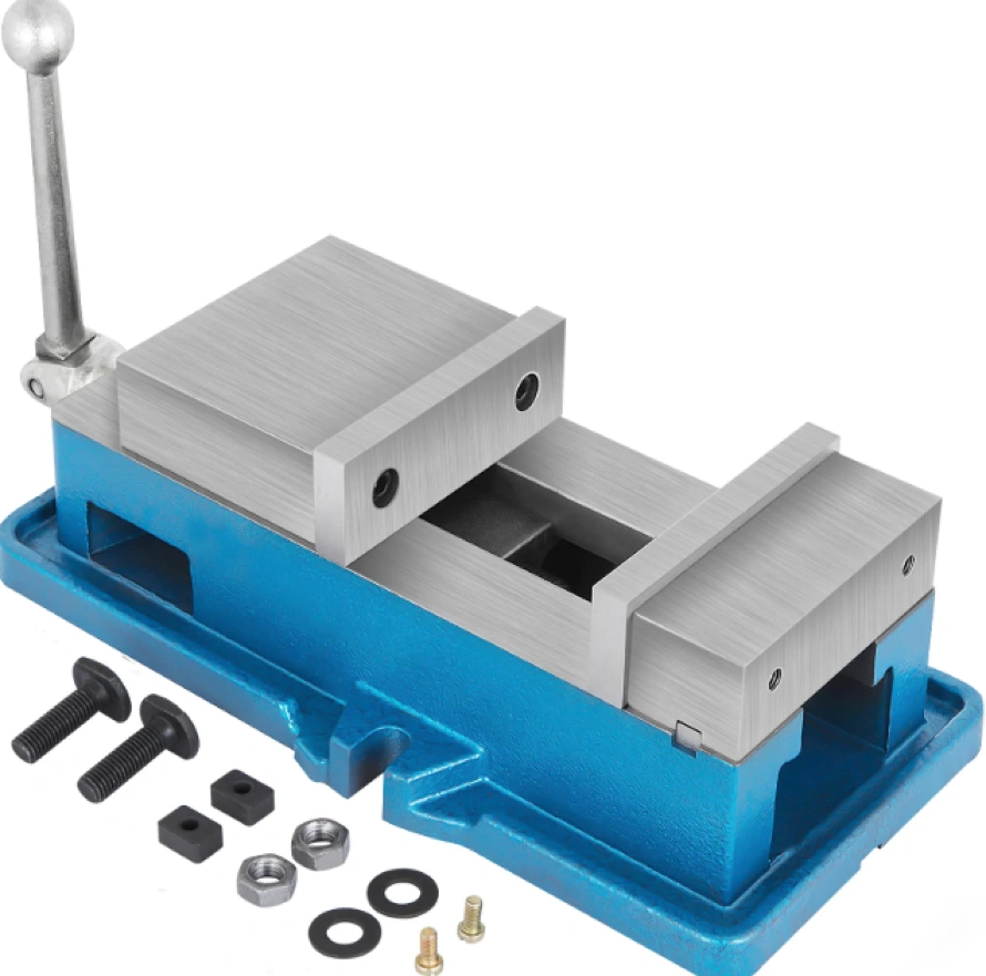 Blue CNC machine vise with steel jaws and clamping hardware components displayed alongside 