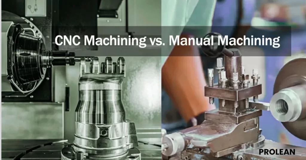 Side-by-side comparison showing CNC automated machining versus manual machining operations and Prolean text in the corner