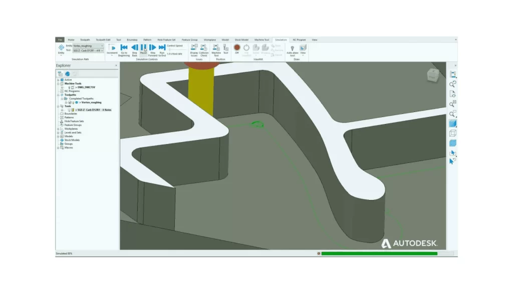 An illustration showing a part being milled in Autodesk software.