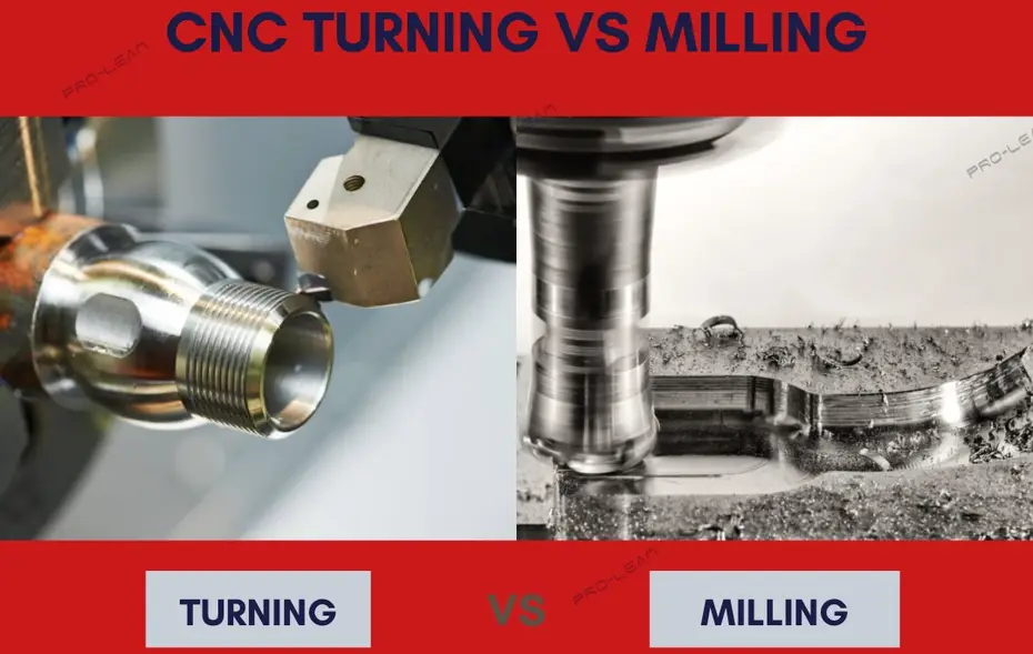 Comparison image showing CNC turning operation on threaded part versus CNC milling operation on metal workpiece  