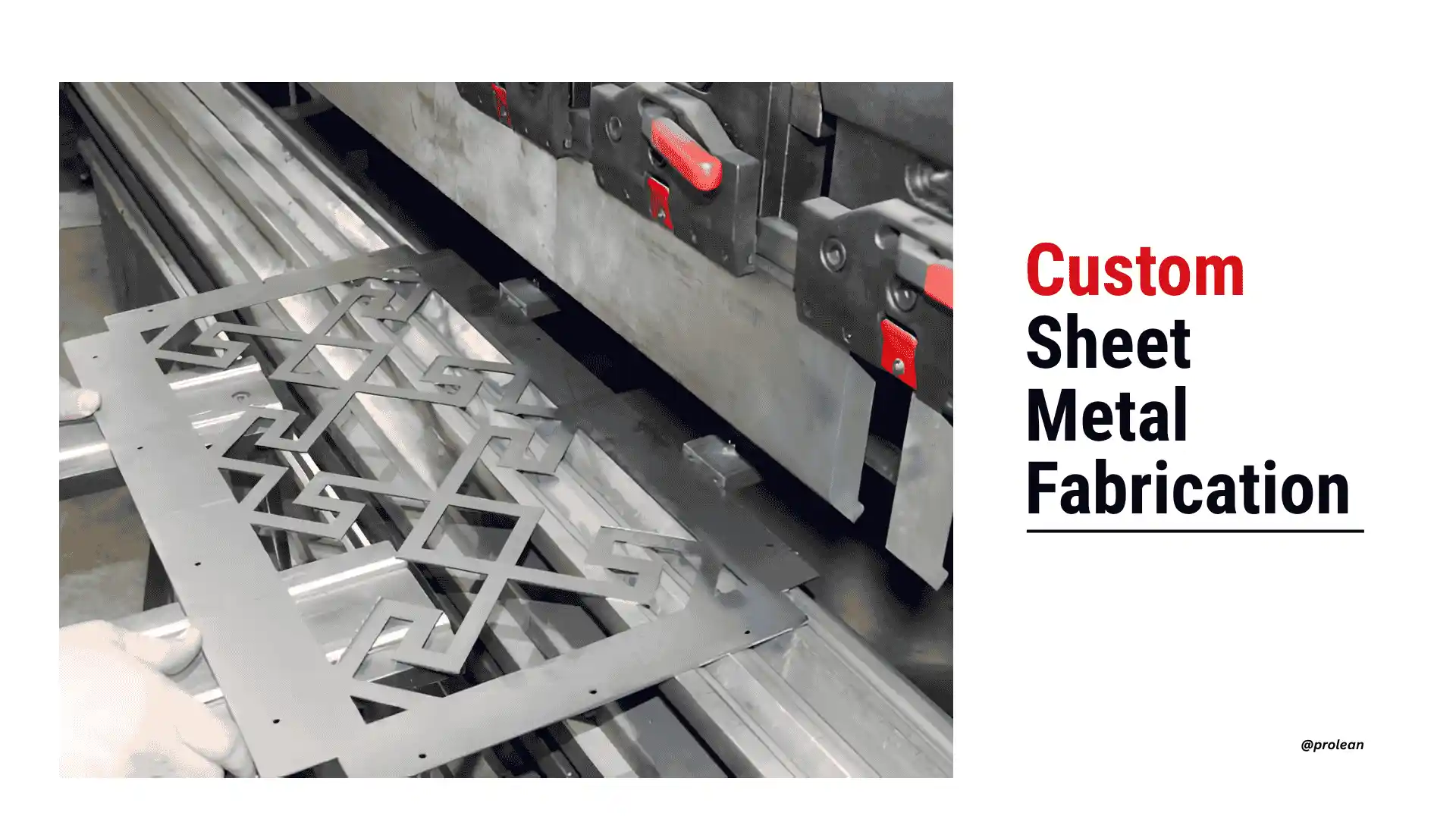 A custom metal component with text overlaid reading “Custom Sheet Metal Fabrication,” representing professional sheet metal forming.