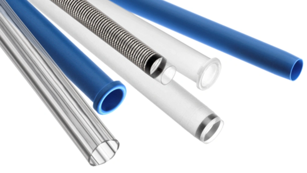 Blue, clear, and white catheter tubing manufactured through extrusion
