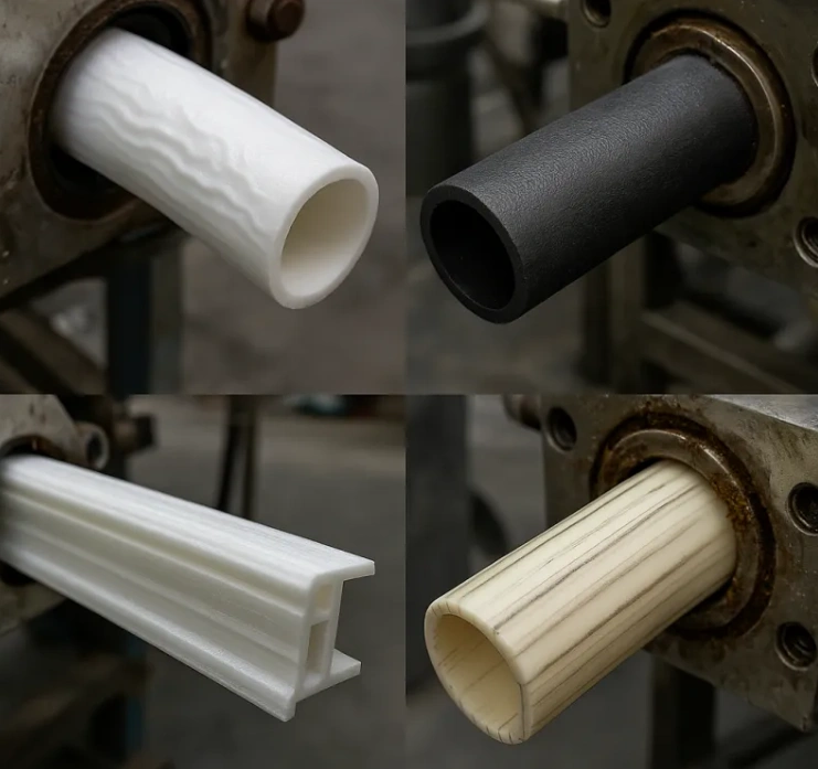 Plastic extrusion mold dies producing different profile shapes, including tubes and channels