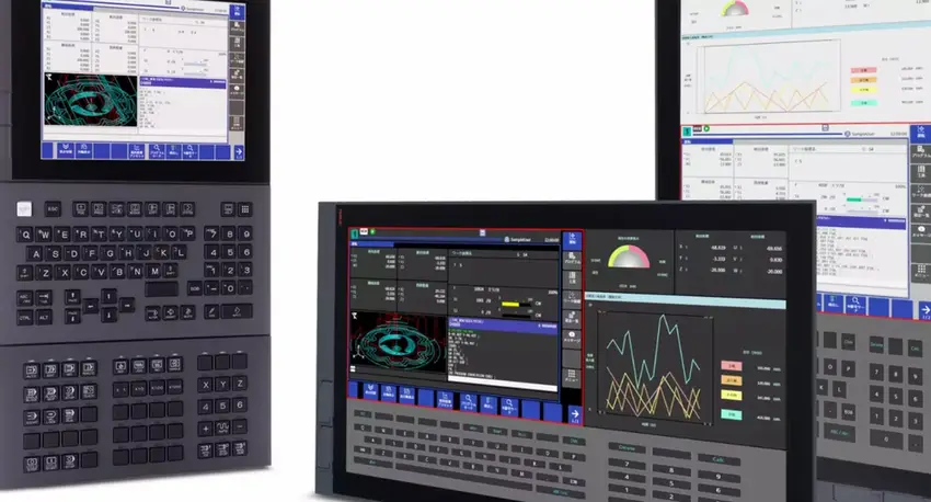 FANUC CNC machine control panels displaying machining data, toolpath graphics, and performance monitoring charts  