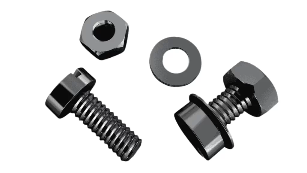 Nut, bolt, and washer fasteners in a single frame 