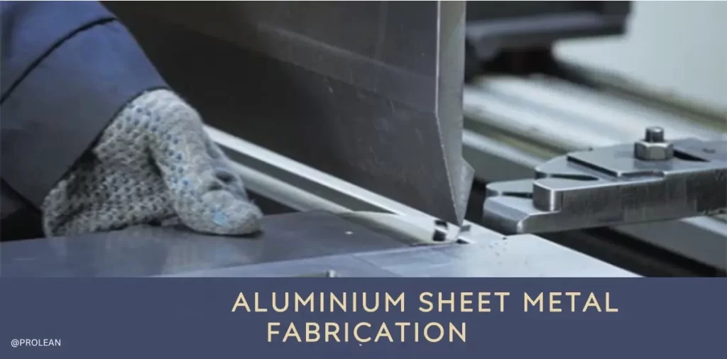 Yellow text “ALUMINUM SHEET METAL FABRICATION” on blue background and Worker cuts aluminum sheet with a press brake in the background picture.