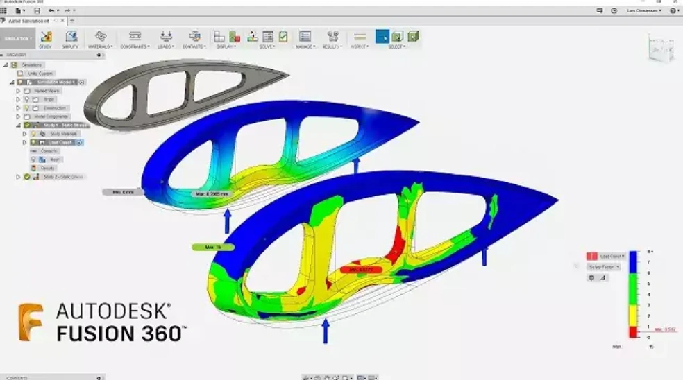 Autodesk Fusion 360 interface displaying finite element analysis with stress distribution visualization on a prototype component