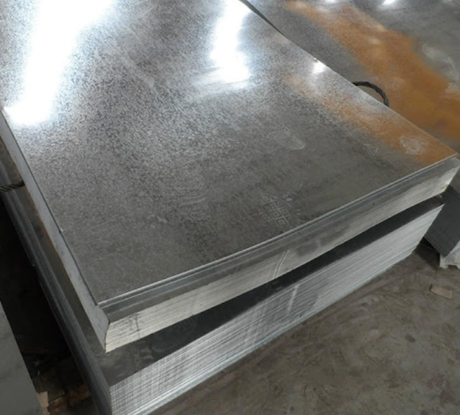 Stacked galvanized steel sheets with visible spangle