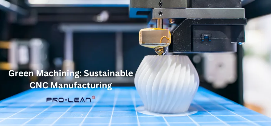 White 3D-printed complex geometry on a build plate, labeled “Green Machining: Sustainable CNC Manufacturing”