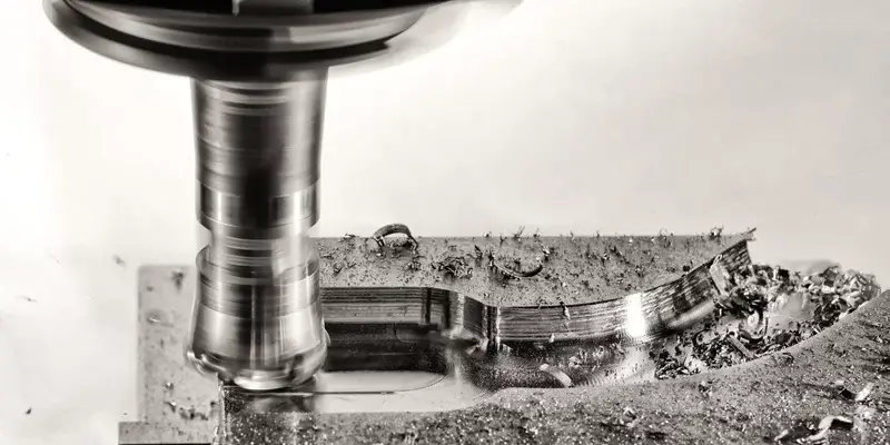 CNC shoulder milling cutter machining a metal workpiece with smooth vertical and horizontal surfaces.