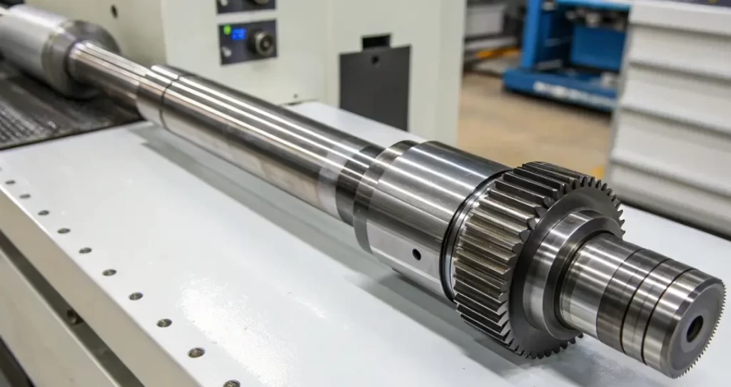 Large precision-turned industrial shaft with helical gear teeth in a CNC machining facility