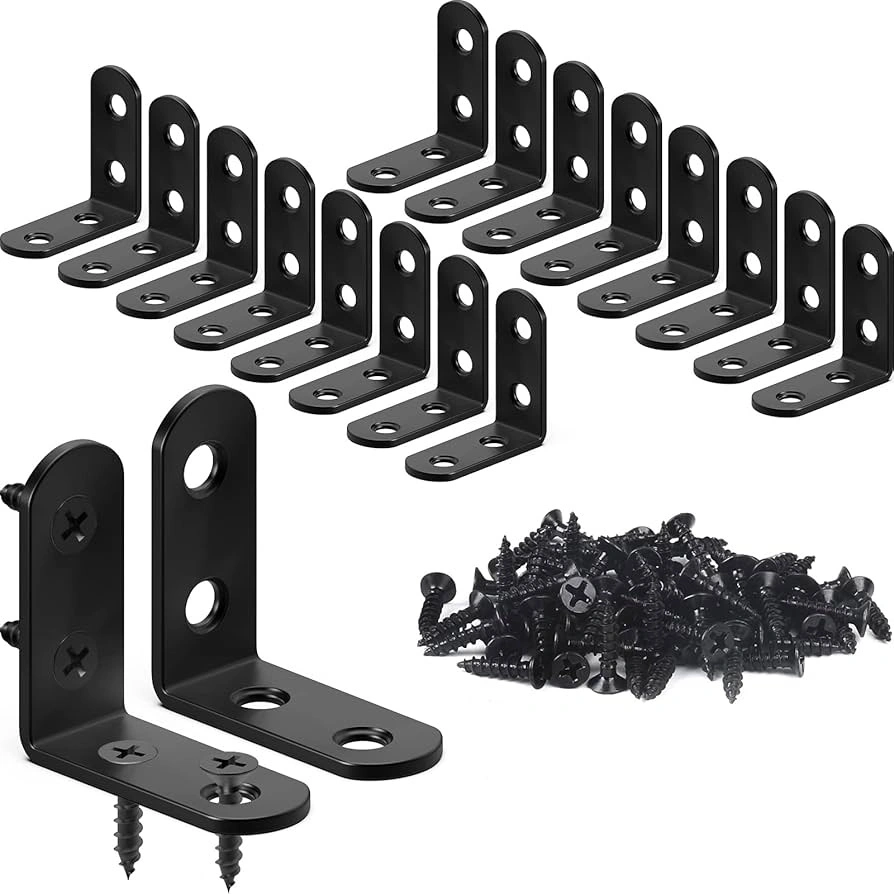 An image showing large number of L shaped brackets with screw-hole in it- screws at the right side