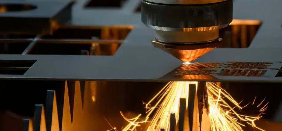 Laser beam cutting a metal sheet with bright sparks and molten material on CNC bed.