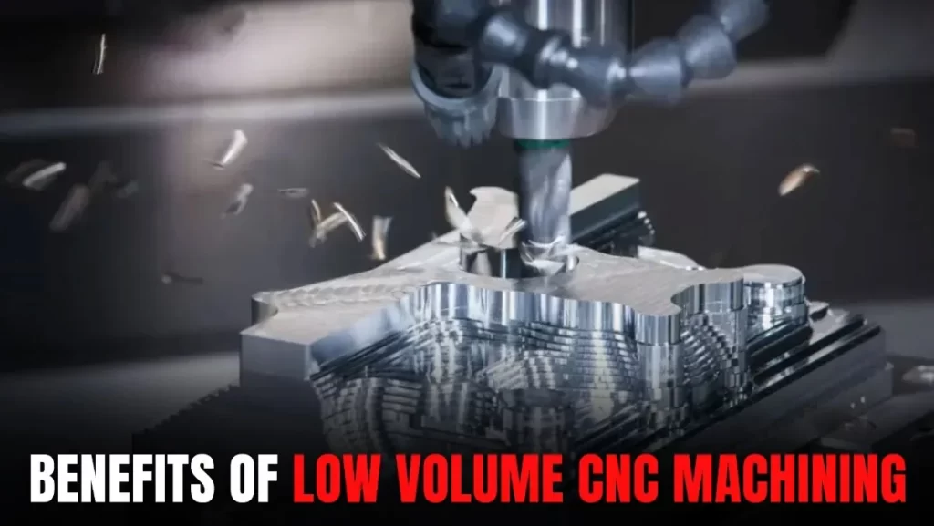 CNC machine milling metal with flying chips.
