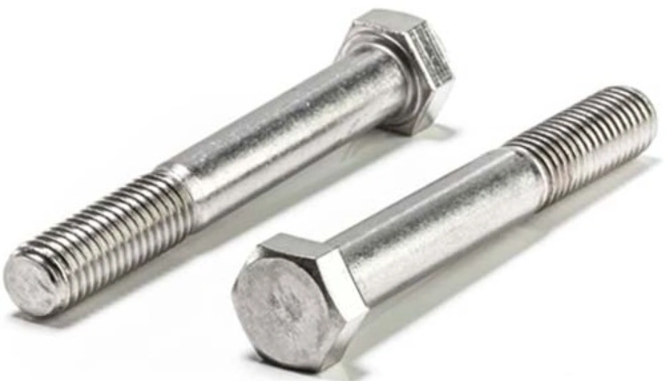 Martensitic stainless steel hex bolts with threaded ends demonstrating corrosion-resistant fastener construction and finish