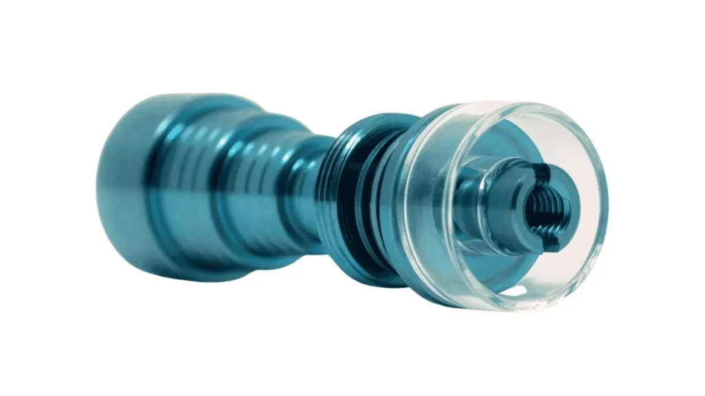 A close-up of a medical grade 2 anodized titanium quartz hybrid nail.