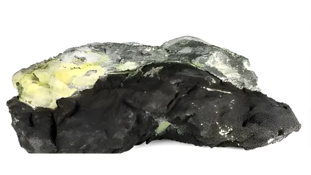 A piece of a mineral sample showing both metallic and nonmetallic characteristics.