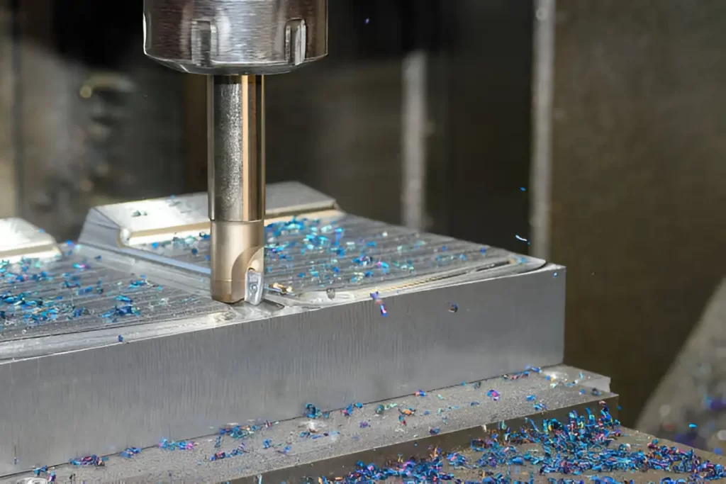 A milling cutter removing a layer from the center of a workpiece.