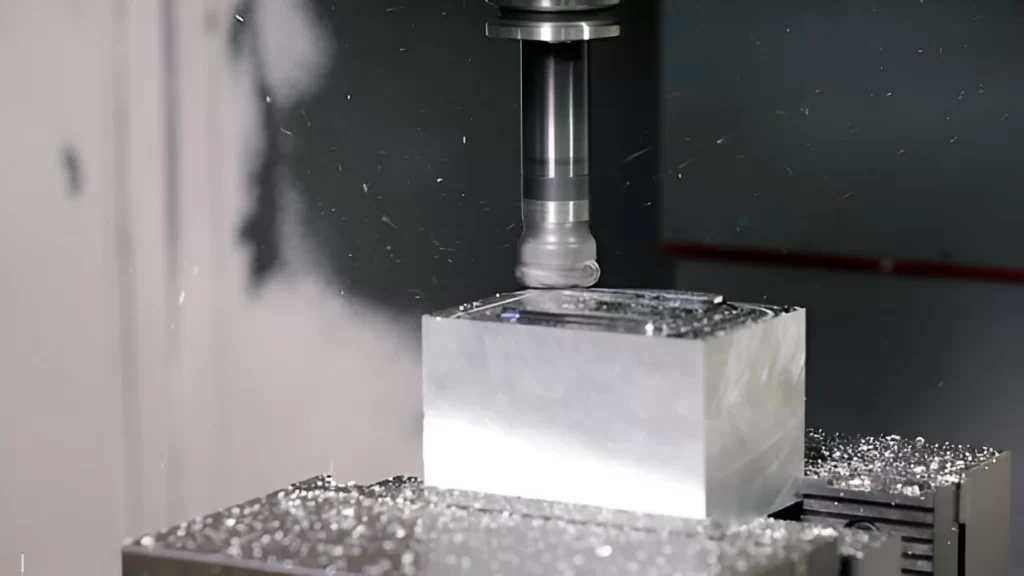 A milling tool cutting a square metal workpiece.
