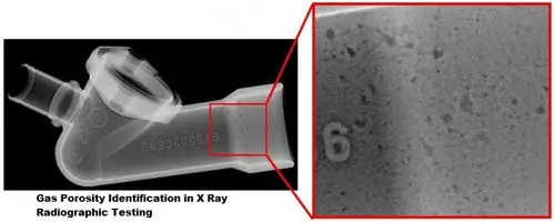 X-ray radiographic testing showing gas porosity in a casting.