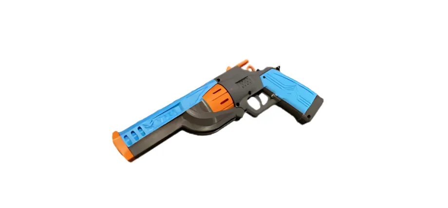 blue and orange revolver plastic gun with hammer
