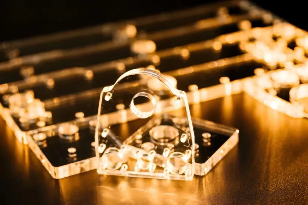 Crystal-clear PMMA parts are displayed, showing smooth surfaces and high transparency.