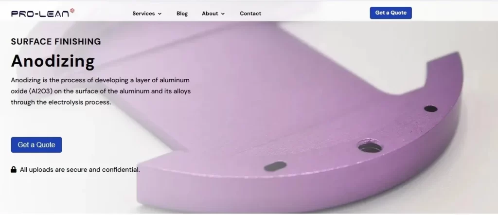 A screenshot showing Proleant Tech’s anodizing service. The image displays the service details and options available for anodizing.