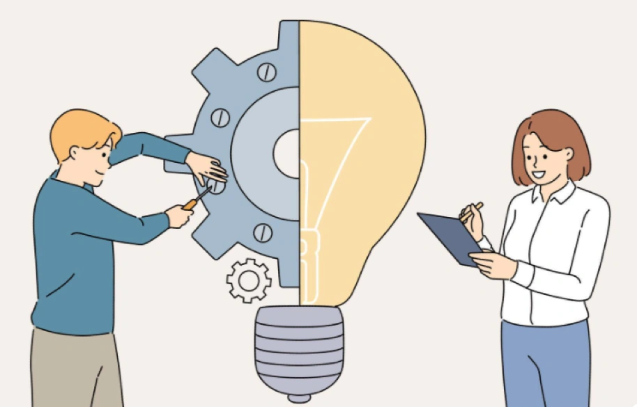 Two professionals collaborating on product development, demonstrating teamwork through rapid prototyping