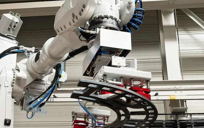 A white sizable robot working on a section of a circular metal part 