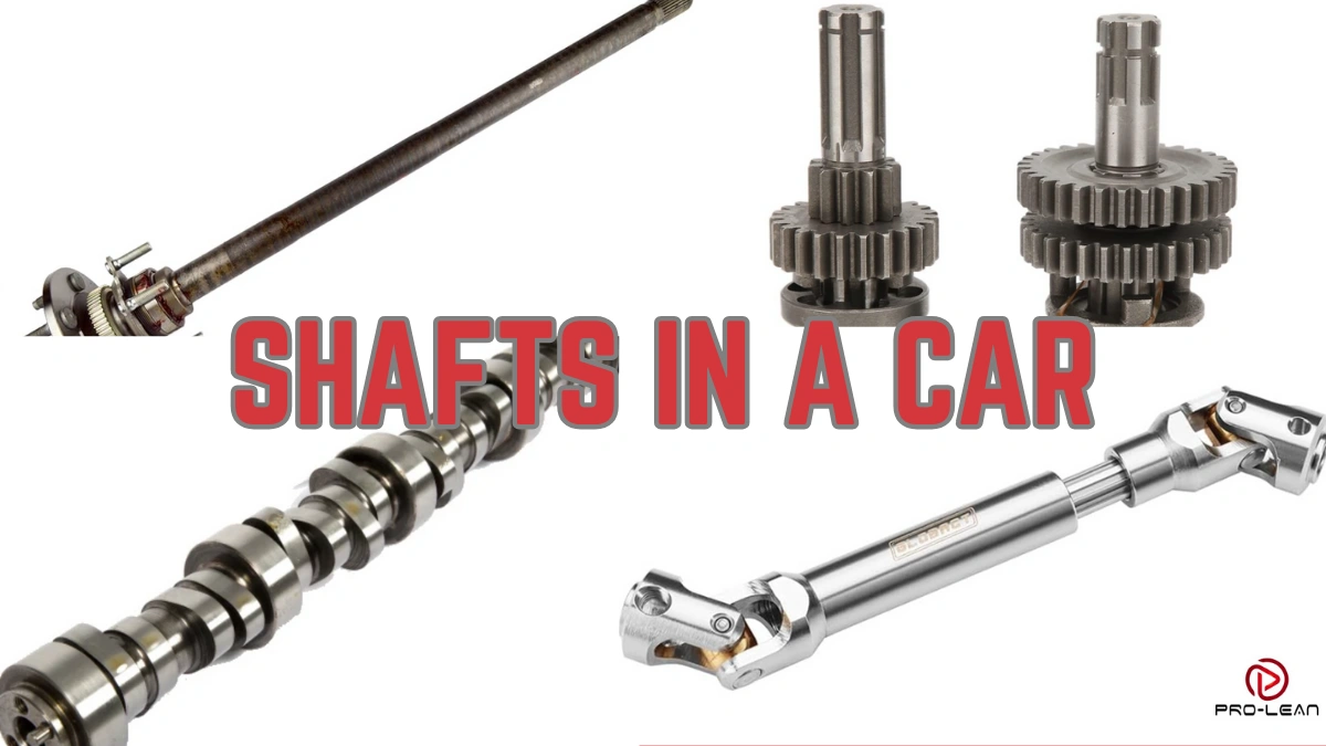 Collage of different automotive shafts, including camshaft, transmission shaft, axle shaft, and steering shaft, with text “Shafts in a Car”