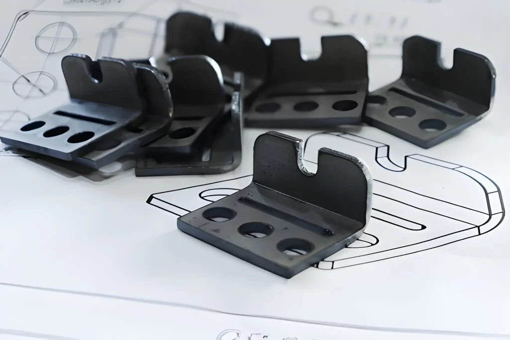 Black sheet metal parts with pre-cut holes and bent edges designed for tab-based joining.