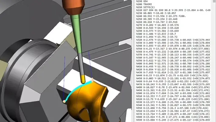 Siemen NX CAM simulation software showing toolpath visualization with corresponding G-code programming