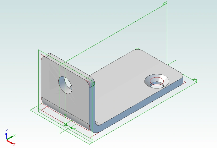 A simple CAD model of a sheet metal part with bends and holes showing machining planes