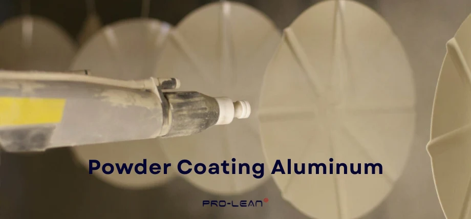 Powder coating gun spraying on circular disks with text “powder coating aluminum”