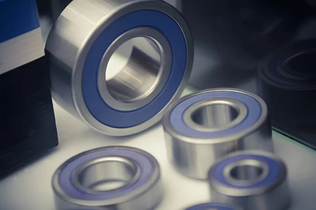The image shows steel bearings with a sleek metallic outer ring and vibrant blue internal components.