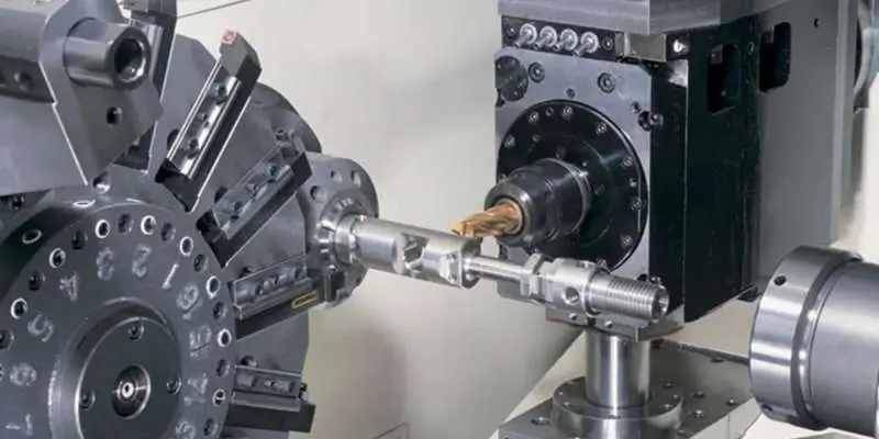 High-precision Swiss machining of a metal component.